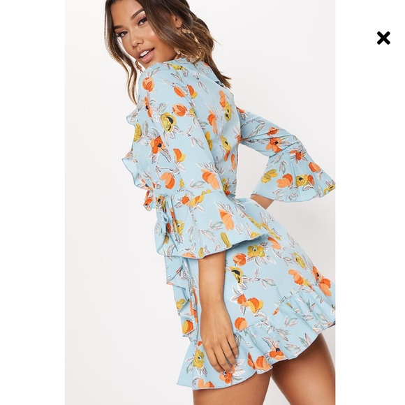 NWT Turquoise Floral Printed Frill Wrap Tea Dress - Picture 3 of 13